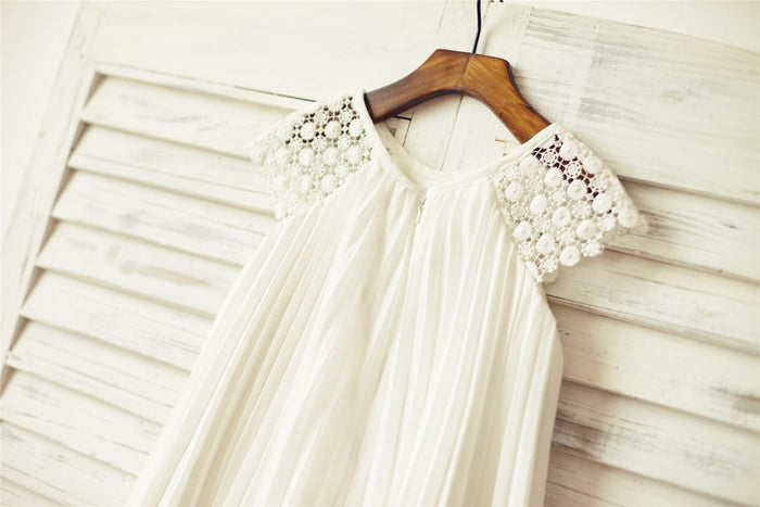 Ivory Pleated Chiffon Lace Flower Girl Dress with Cap