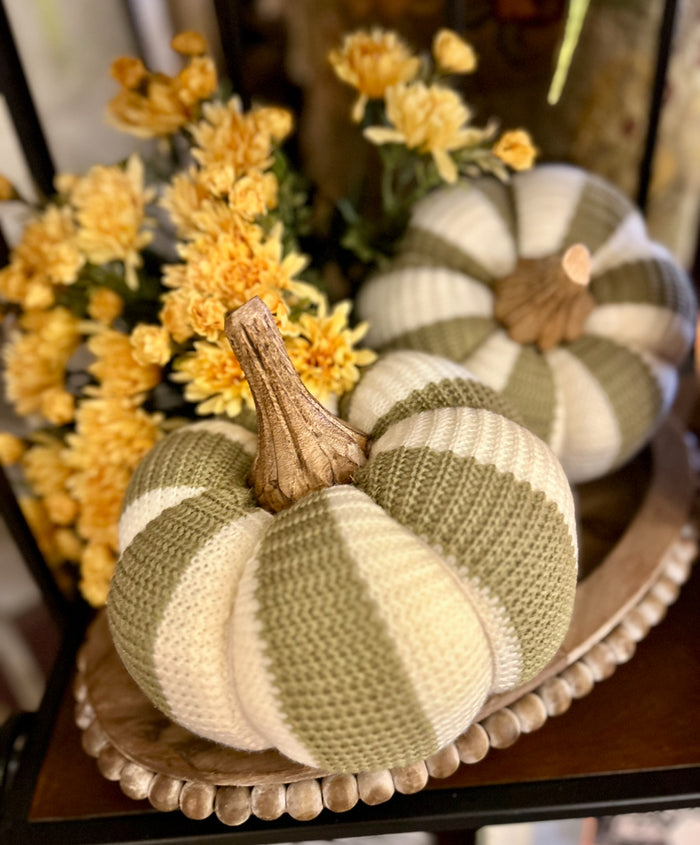 Khaki & Cream Knit Fall Vertical Stripe Pumpkin Decoration