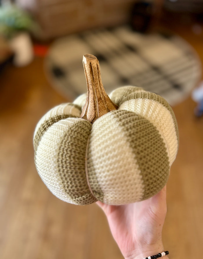 Khaki & Cream Knit Fall Vertical Stripe Pumpkin Decoration