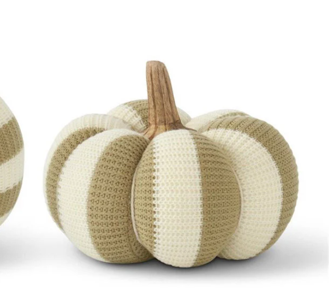 Khaki & Cream Knit Fall Vertical Stripe Pumpkin Decoration