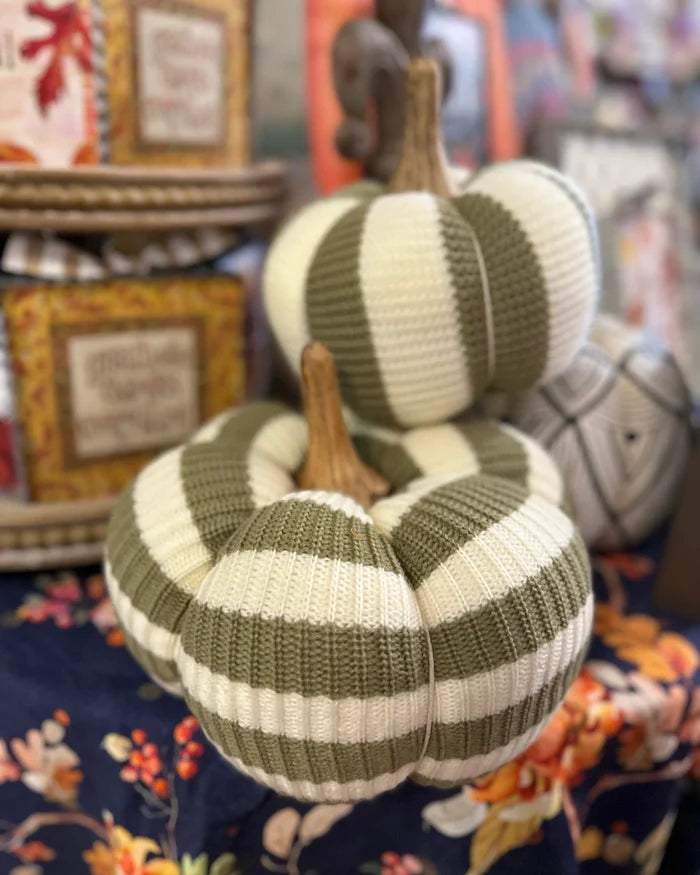 Khaki & Cream Knit Fall Vertical Stripe Pumpkin Decoration