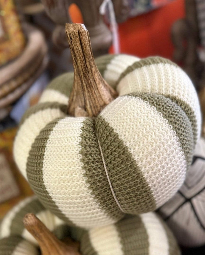 Khaki & Cream Knit Fall Vertical Stripe Pumpkin Decoration