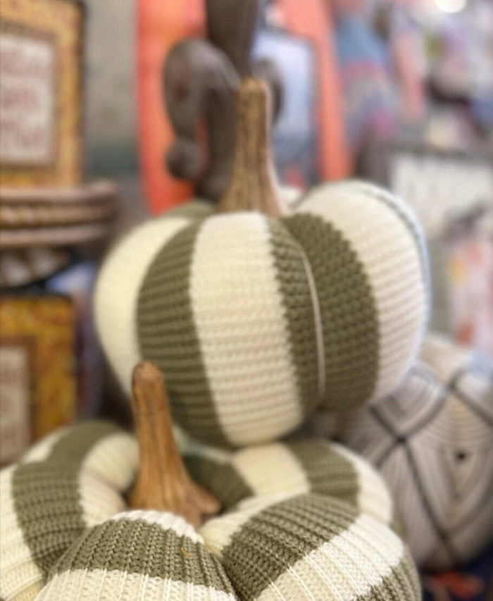 Khaki & Cream Knit Fall Vertical Stripe Pumpkin Decoration