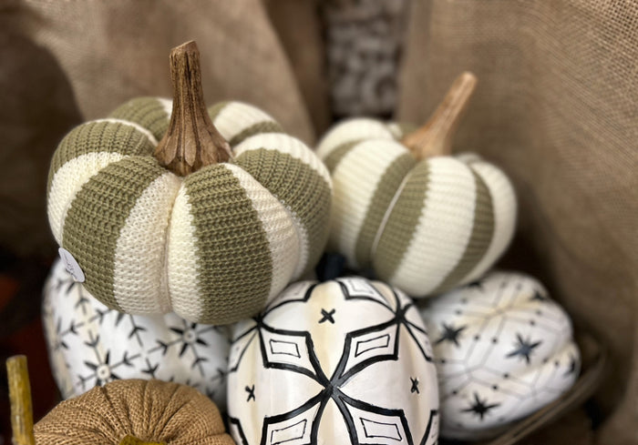 Khaki & Cream Knit Fall Vertical Stripe Pumpkin Decoration