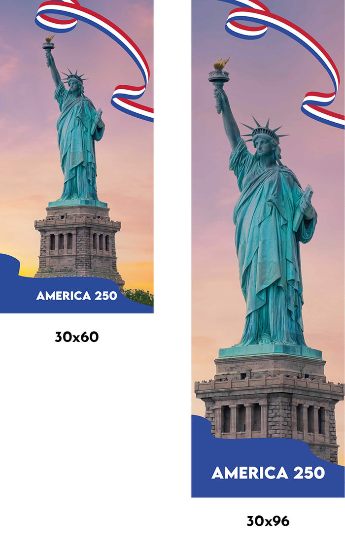 Two views of the Statue of Liberty with a decorative ribbon on a white background.