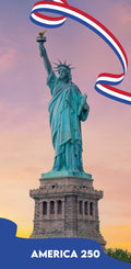 Statue of Liberty with a ribbon and 'America 250' text against a colorful sky