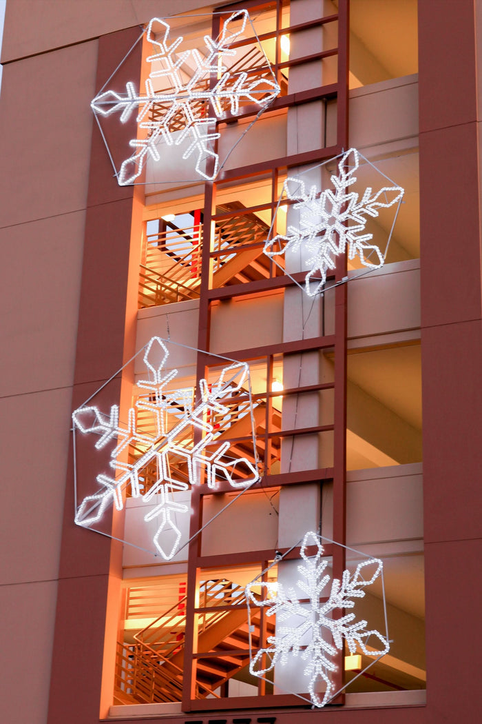 Dekra-Lite LED Ropelight Diamond Snowflakes on Apartment Stairwell