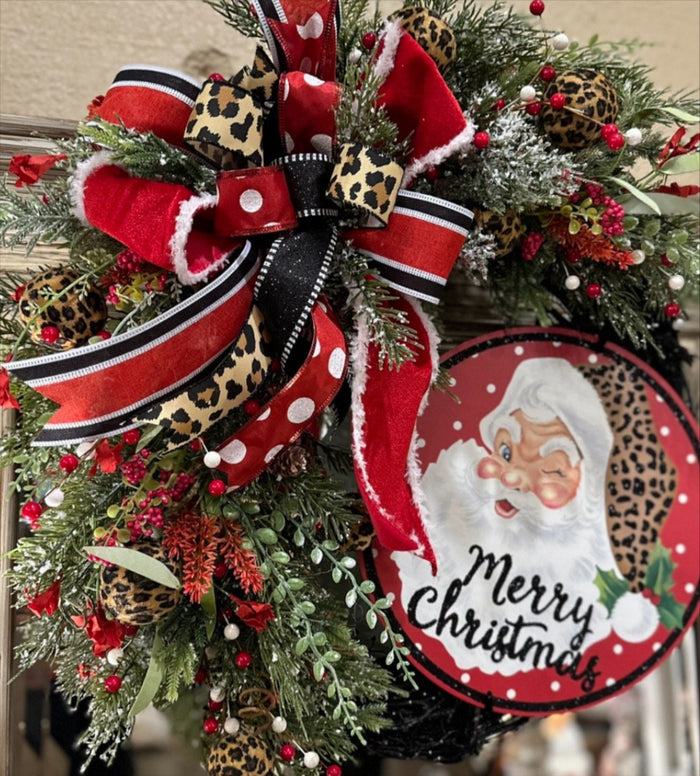 Leopard Santa Merry Christmas Wreath with Black, Red, and Gold