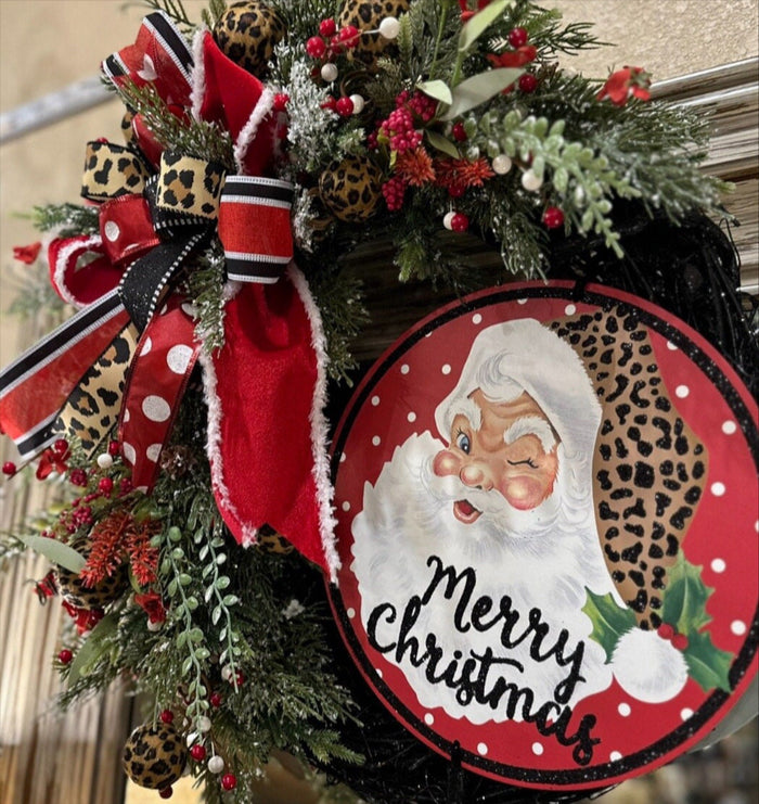 Leopard Santa Merry Christmas Wreath with Black, Red, and Gold