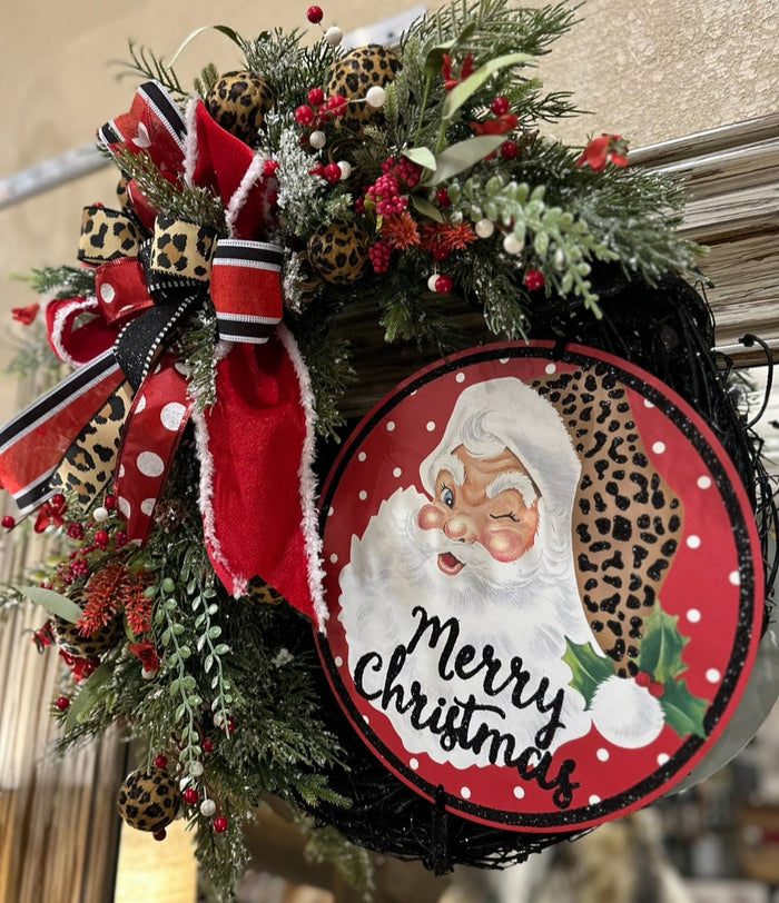 Leopard Santa Merry Christmas Wreath with Black, Red, and Gold