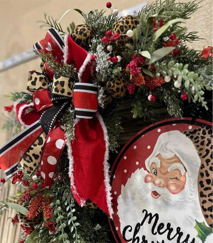 Leopard Santa Merry Christmas Wreath with Black, Red, and Gold