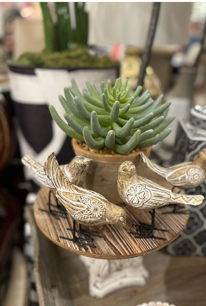 Light Wood and White Carved Birds with Metal Legs Set of 4