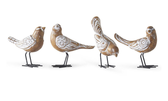 Light Wood and White Carved Birds with Metal Legs Set of 4