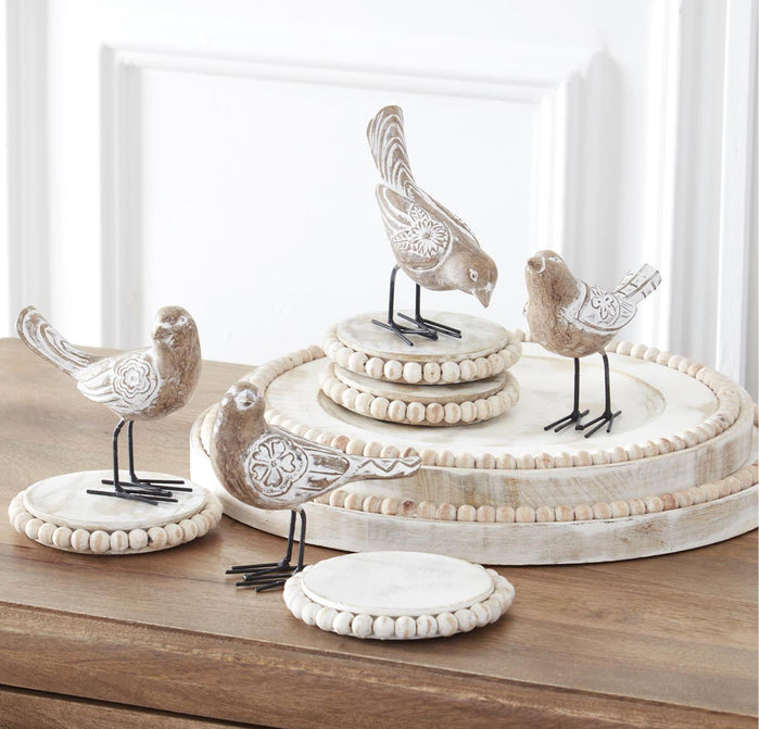 Light Wood and White Carved Birds with Metal Legs Set of 4