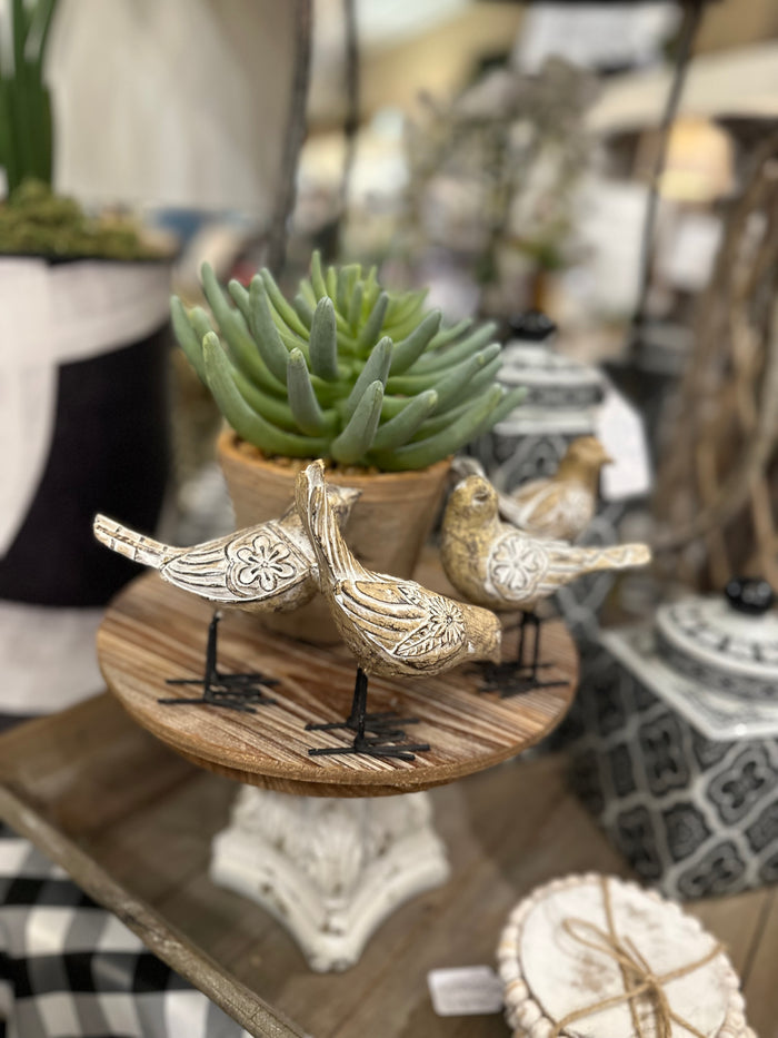Light Wood and White Carved Birds with Metal Legs Set of 4