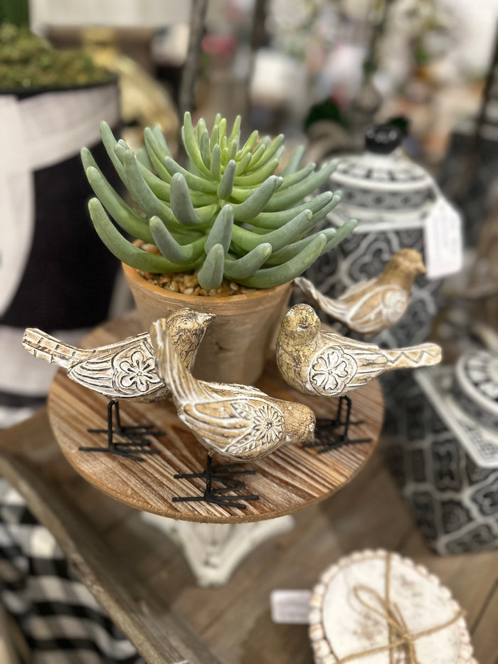 Light Wood and White Carved Birds with Metal Legs Set of 4