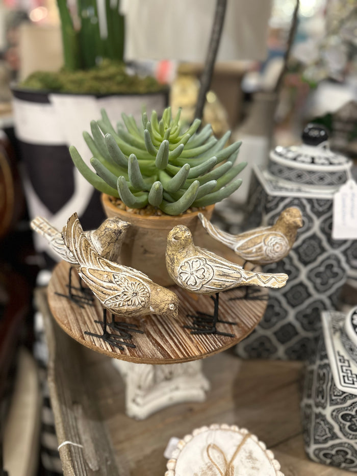 Light Wood and White Carved Birds with Metal Legs Set of 4