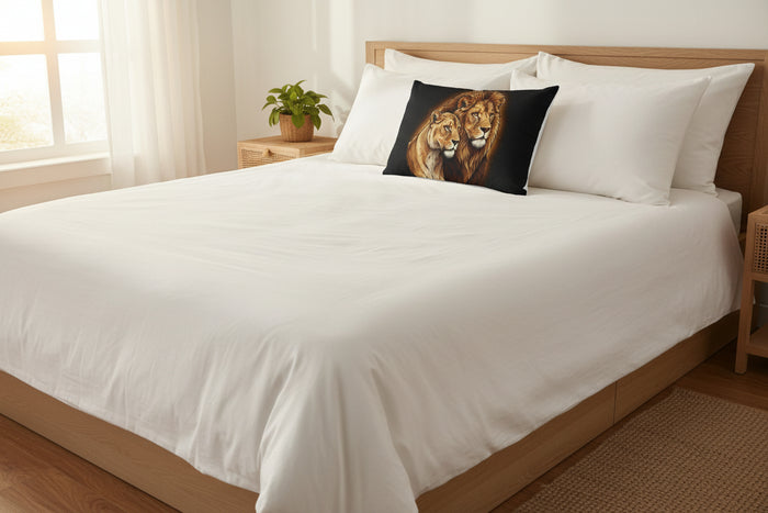 Lion Couple Microfiber Pillowcase — Regal Lion and Lioness Decorative Pillow Cover