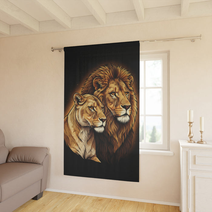 Lion Couple Window Curtain — Majestic Lion & Lioness Black Drapery