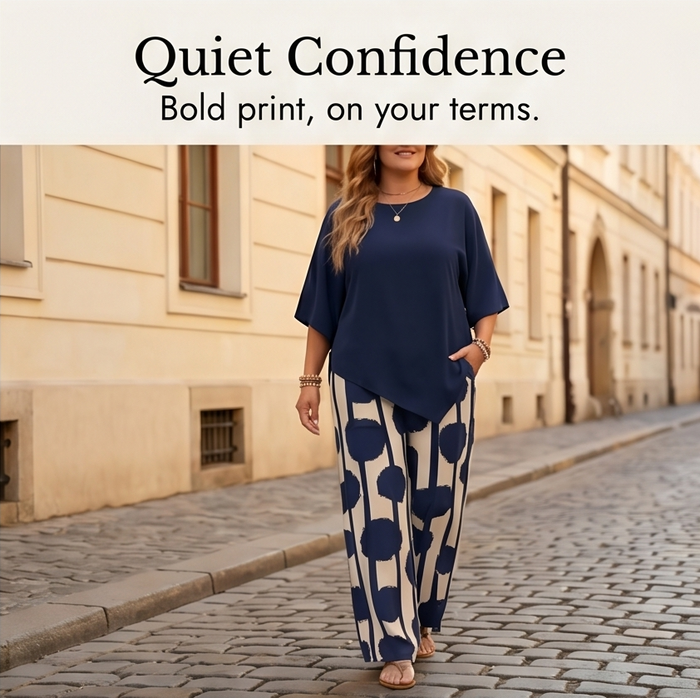 Luna – Women's Asymmetric Drape 2-Piece Set with Wide-Leg Print Pants