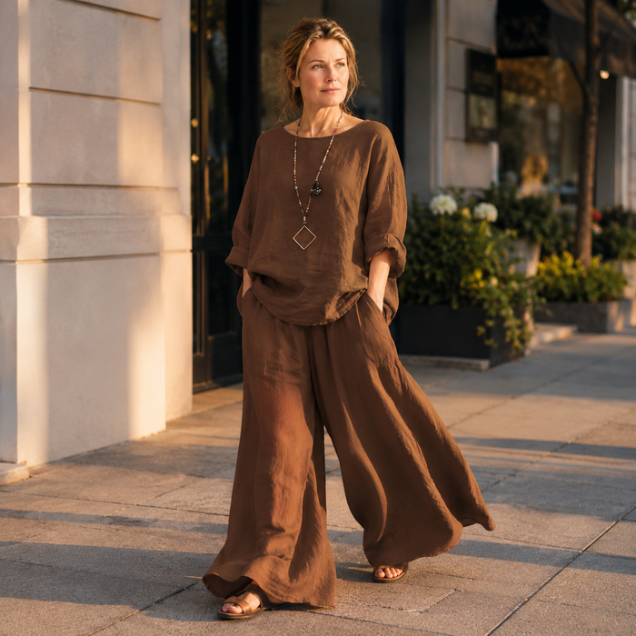 Lunavia – Oversized Cotton-Linen Two-Piece Set with Wide-Leg Pants