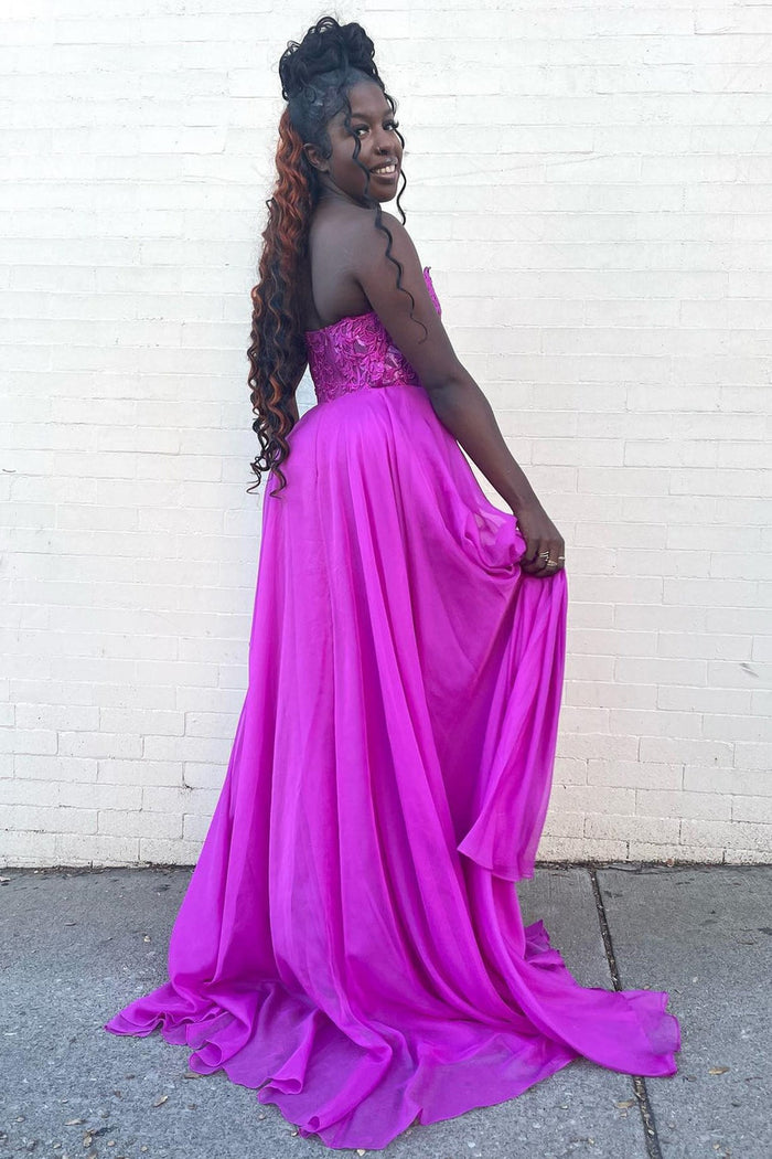 Magenta Chiffon Appliques Strapless A-Line Long Prom Dress