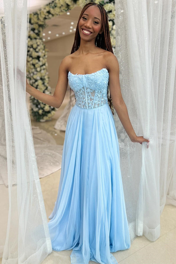 Magenta Chiffon Appliques Strapless A-Line Long Prom Dress