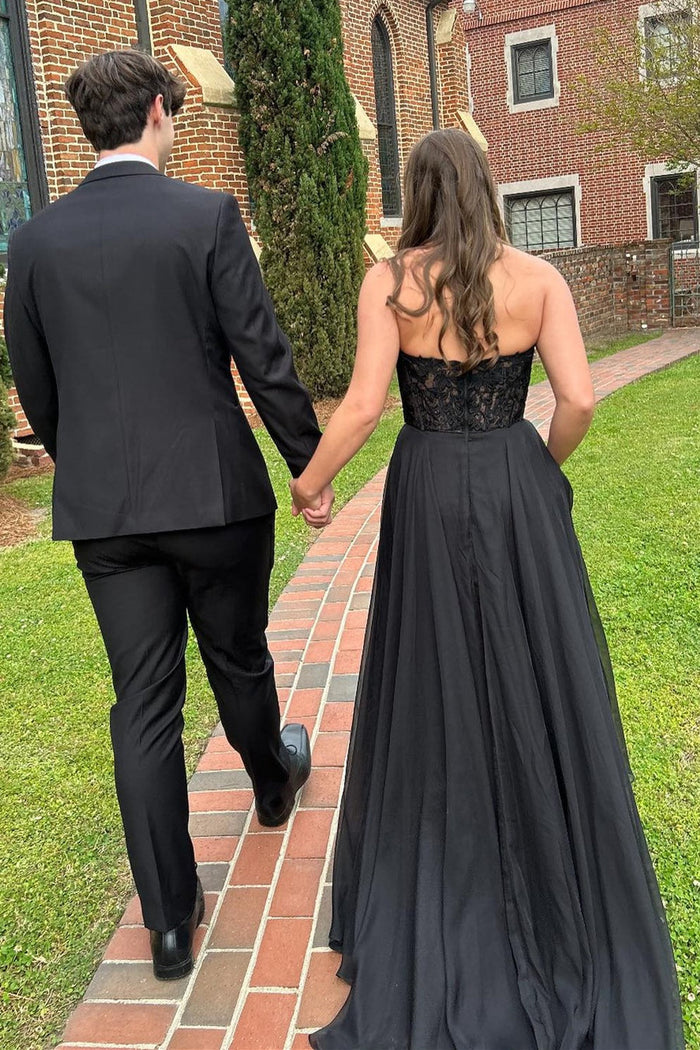 Magenta Chiffon Appliques Strapless A-Line Long Prom Dress