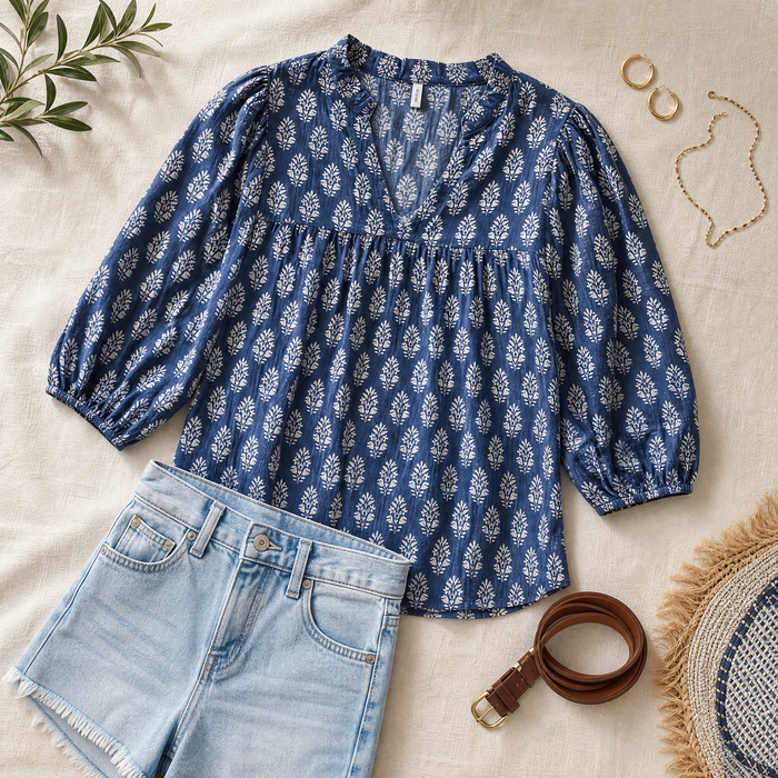 Marivell – Block-Print V-Neck Summer Blouse