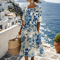 Marivelle – Botanical Print Midi Shift Dress with Pockets