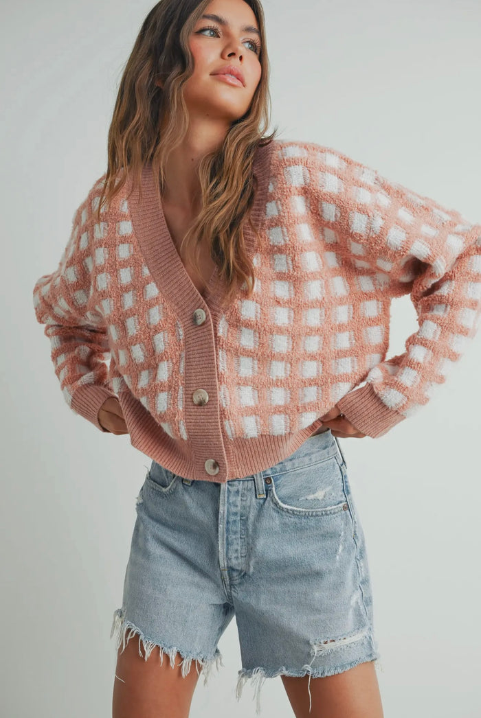 Mauve/Ivory V Neck Cardigan