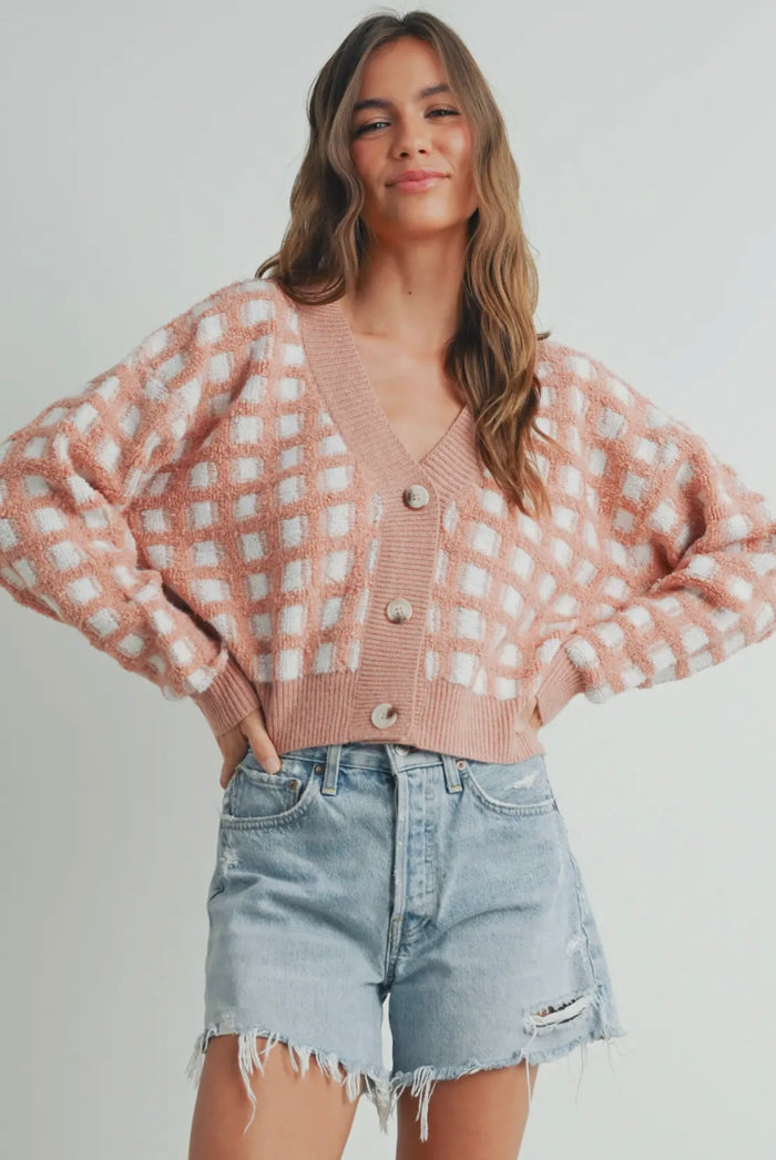 Mauve/Ivory V Neck Cardigan