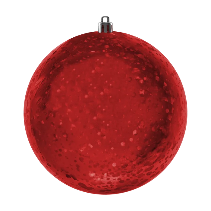Red Mercury Round Ornament featuring a mottled metallic finish, smooth round shape, and silver hanging cap.