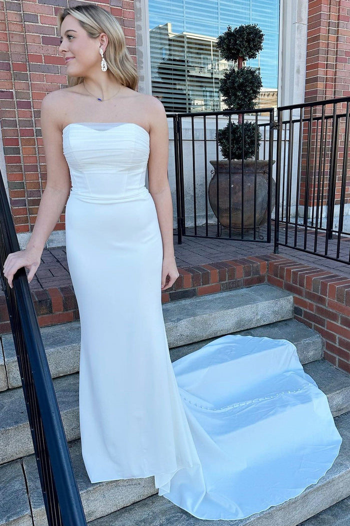 White Strapless Mermaid Long Wedding Dress