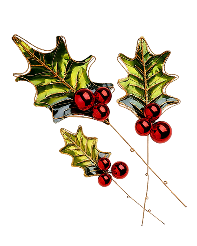 Three sizes of green metal holly leaves with red ornament berries