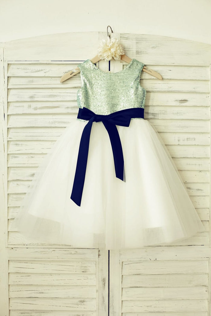 Mint Sequin Ivory Tulle Flower Girl Dress with Navy Blue