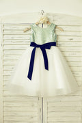 Mint Sequin Ivory Tulle Flower Girl Dress with Navy Blue