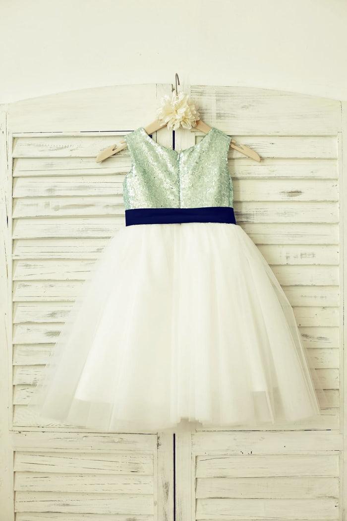 Mint Sequin Ivory Tulle Flower Girl Dress with Navy Blue