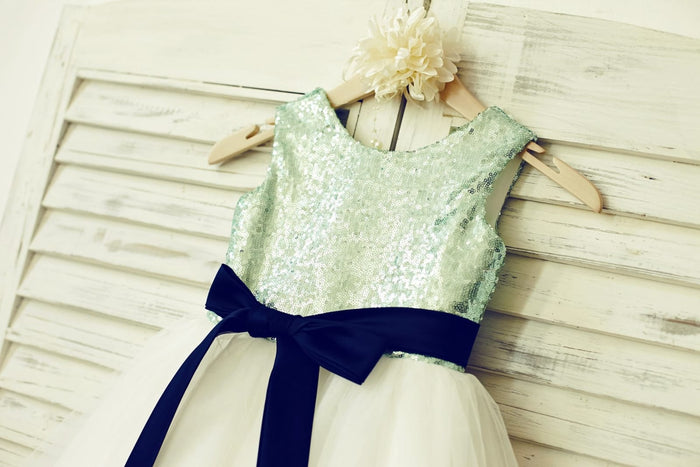 Mint Sequin Ivory Tulle Flower Girl Dress with Navy Blue