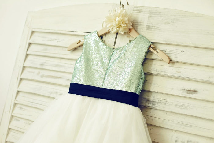 Mint Sequin Ivory Tulle Flower Girl Dress with Navy Blue