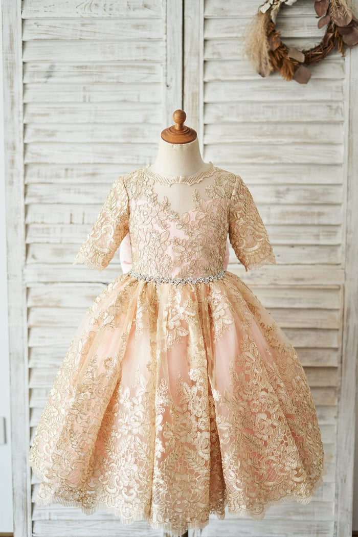 Gold Lace Pink Lining Short Sleeves V Back Wedding Flower