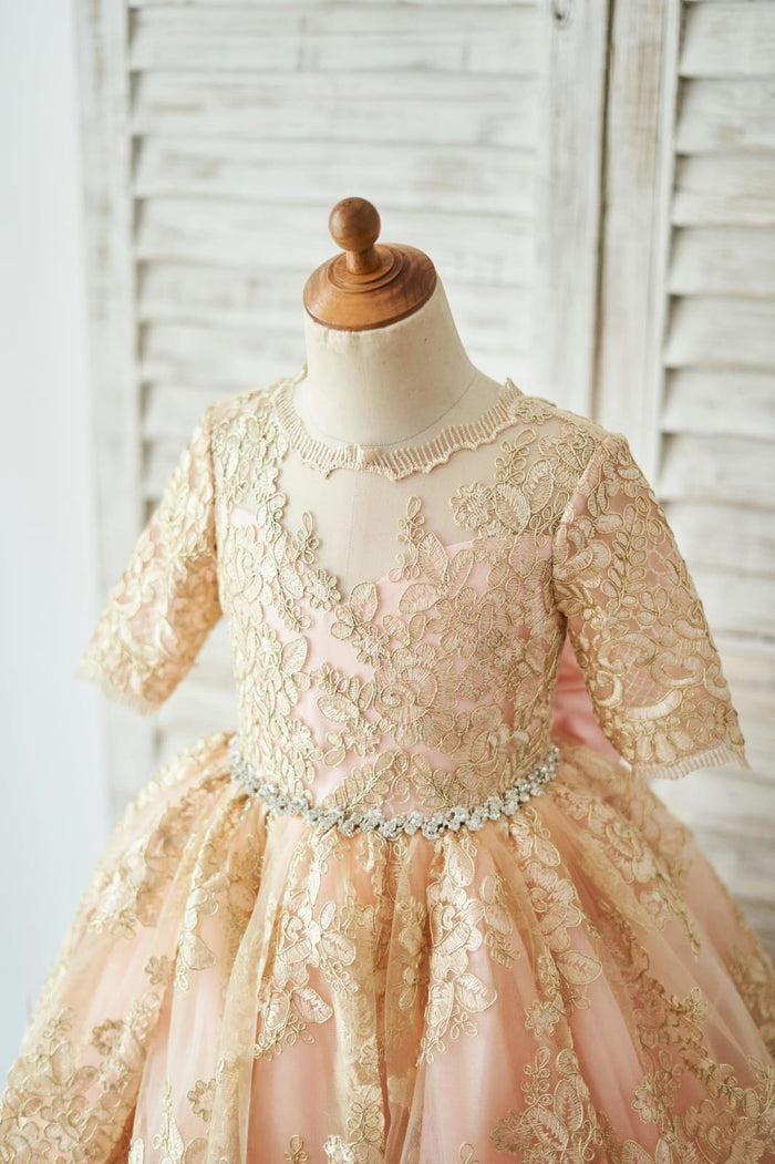Gold Lace Pink Lining Short Sleeves V Back Wedding Flower