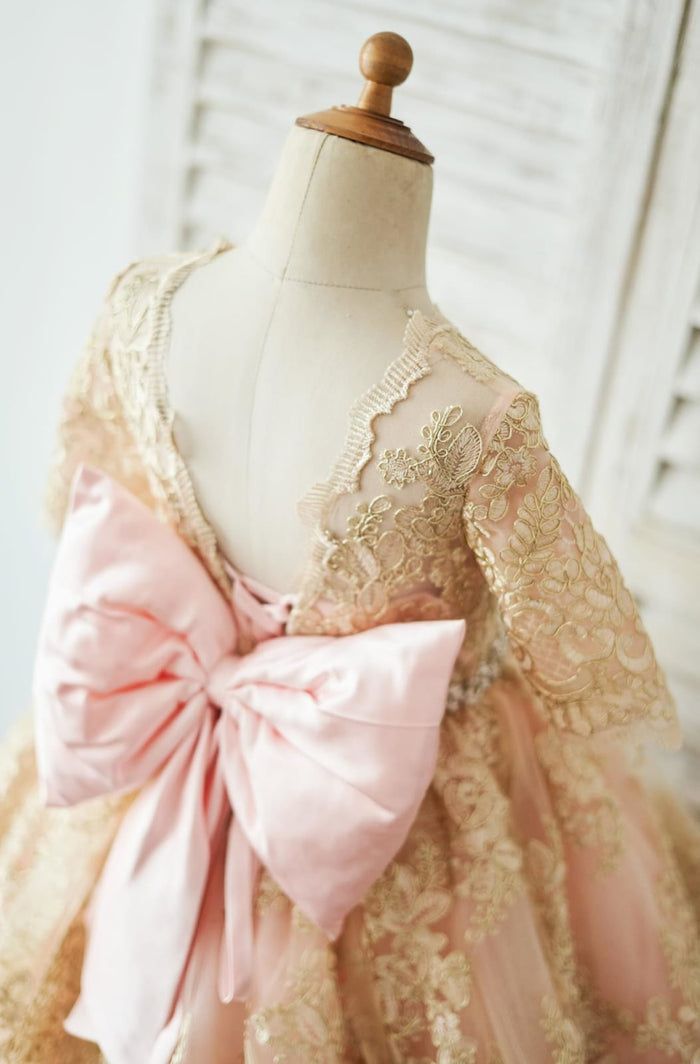 Gold Lace Pink Lining Short Sleeves V Back Wedding Flower