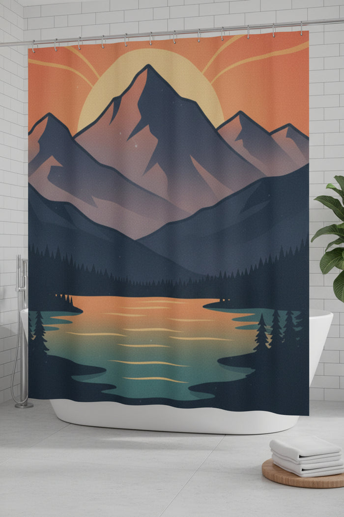 Mountain Sunset Shower Curtain — Scenic Sunset over Mountains Bathroom Decor