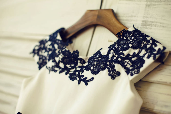 Navy Blue Lace Ivory Satin Organza Flower Girl Dress with