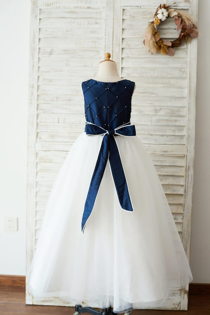 Navy Blue Taffeta Ivory Tulle Wedding Party Flower Girl