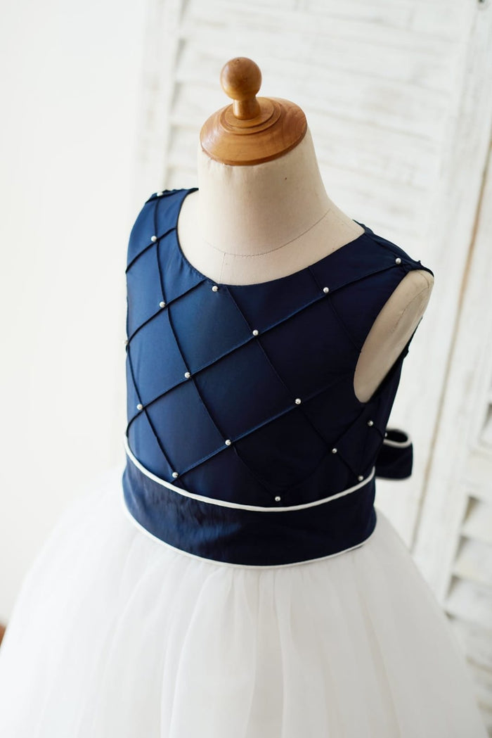 Navy Blue Taffeta Ivory Tulle Wedding Party Flower Girl