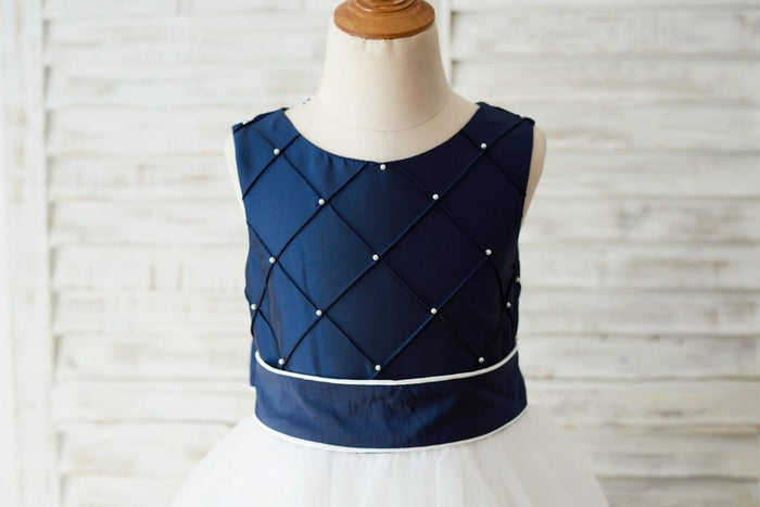 Navy Blue Taffeta Ivory Tulle Wedding Party Flower Girl