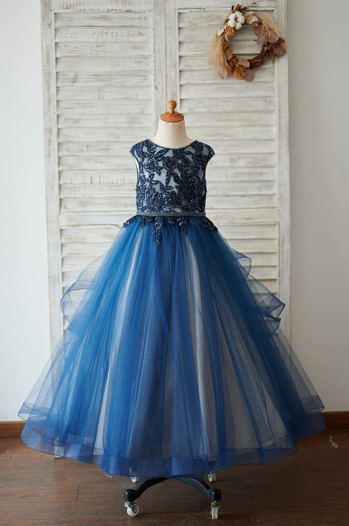 Navy Blue Tulle Organza V Back Wedding Flower Girl Dress