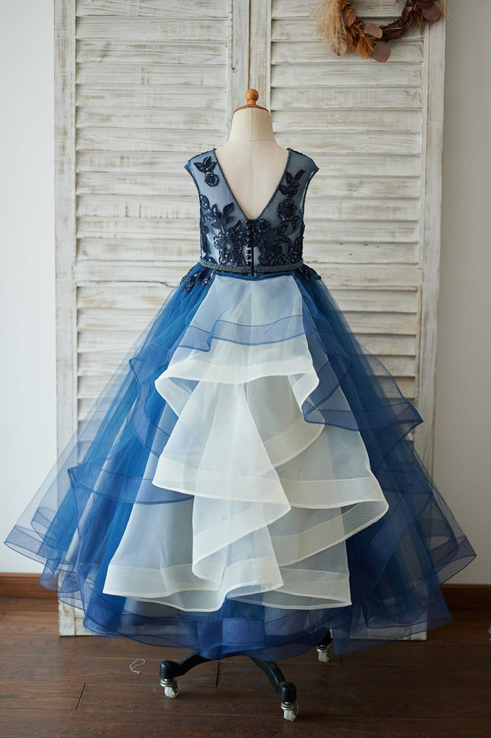 Navy Blue Tulle Organza V Back Wedding Flower Girl Dress